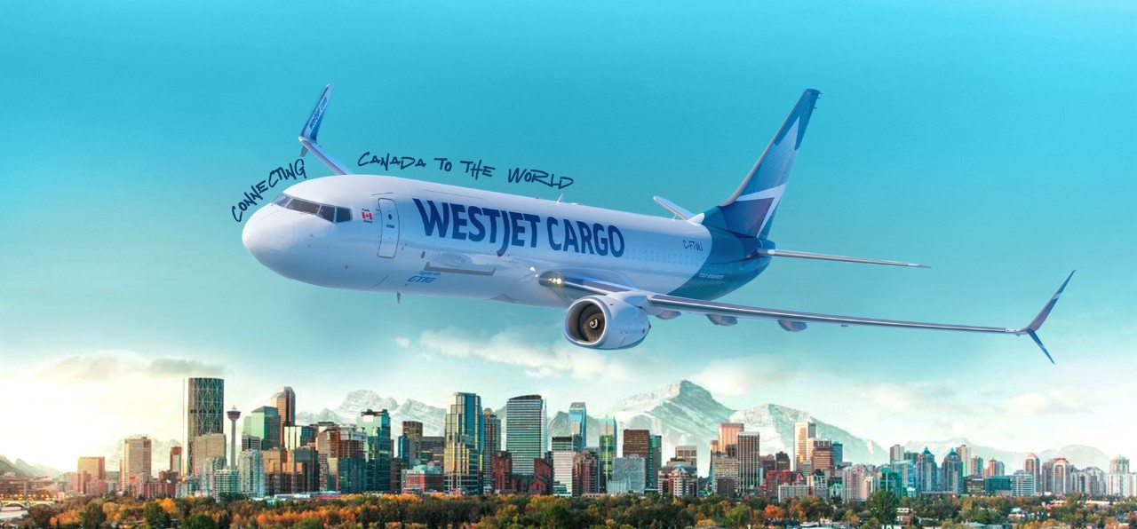 WestJet Cargo aircraft flying above the Calgary skyline WestJet Cargo aircraft flying above the Calgary skyline